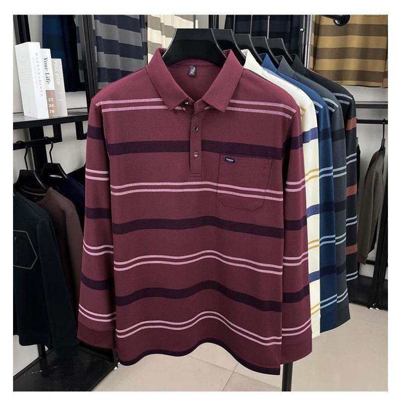 

Men Black Brown Striped Pocket Long Sleeve Polo Shirt M красный