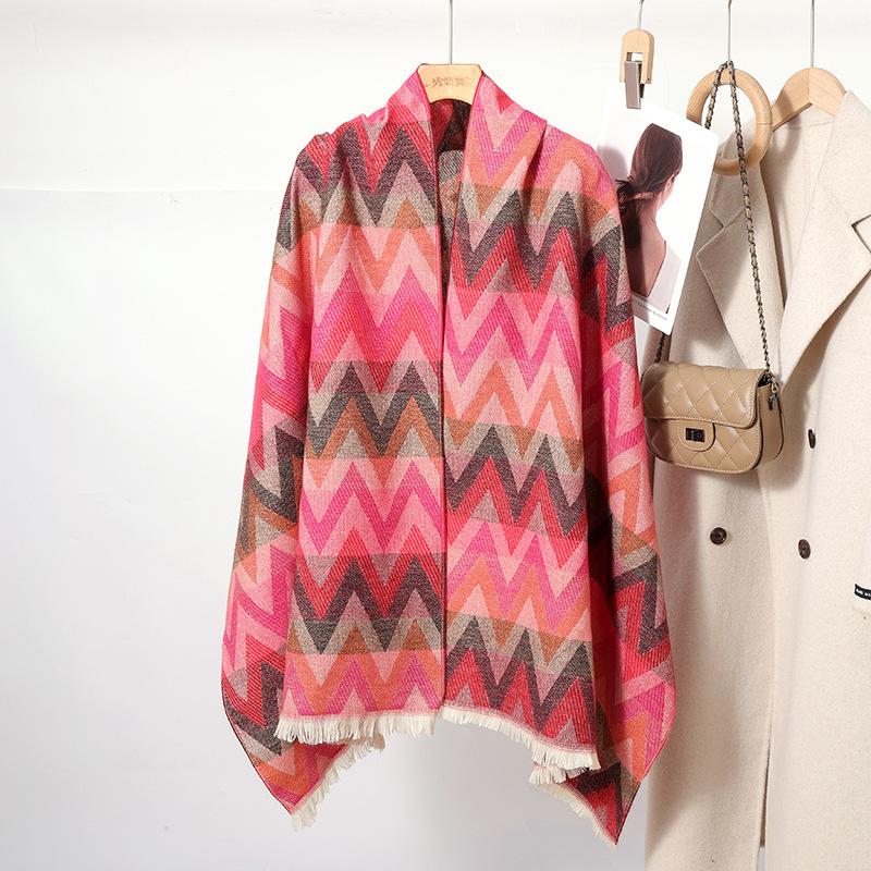 

New Autumn and Winter Imitation Cashmere Colorful Wavy Plaid Scarf for Women Korean Version Sweet Warm Windproof Thick Scarf 190cm