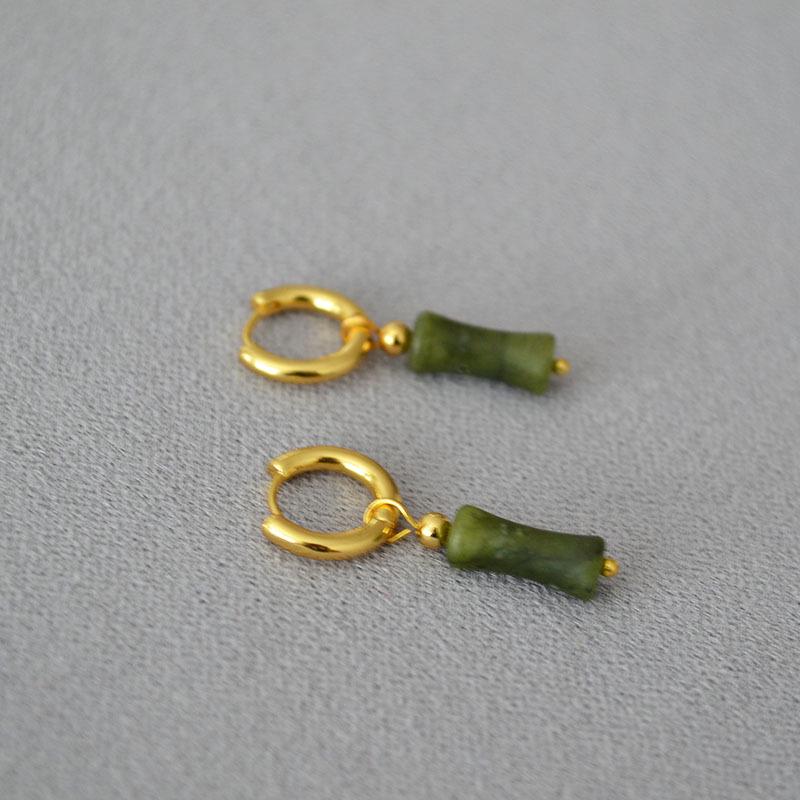 Guochao Minimalist Olive Jade & Bamboo Rhythm Earrings - Retro Style Ear Cuffs