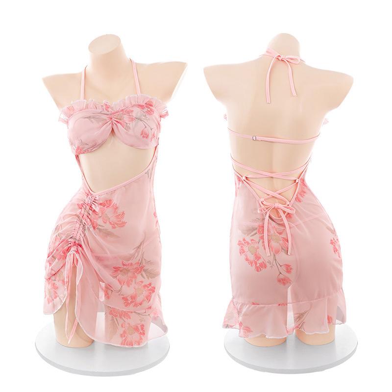 Sexy lingerie sexy pure desire perspective backless sleeve tube top print nightdress set split fork temptation