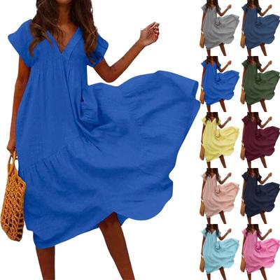 Ladies Fashion Casual Solid Color Cotton Linen Loose Collar Women's Dress