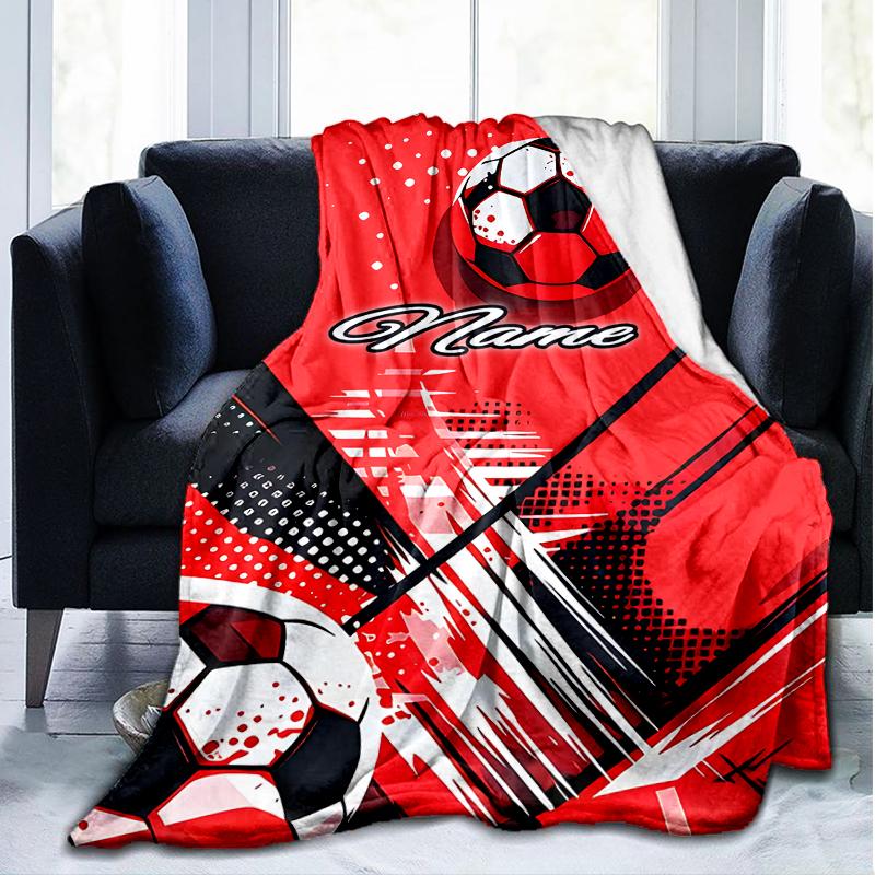 1PC Custom Name Soccer Ball Artwork Outdooor Flannel Blankets Throw Blanket All-Season Throw Gift Bedspread for Couch, Bed, Camping Holiday Birthda
