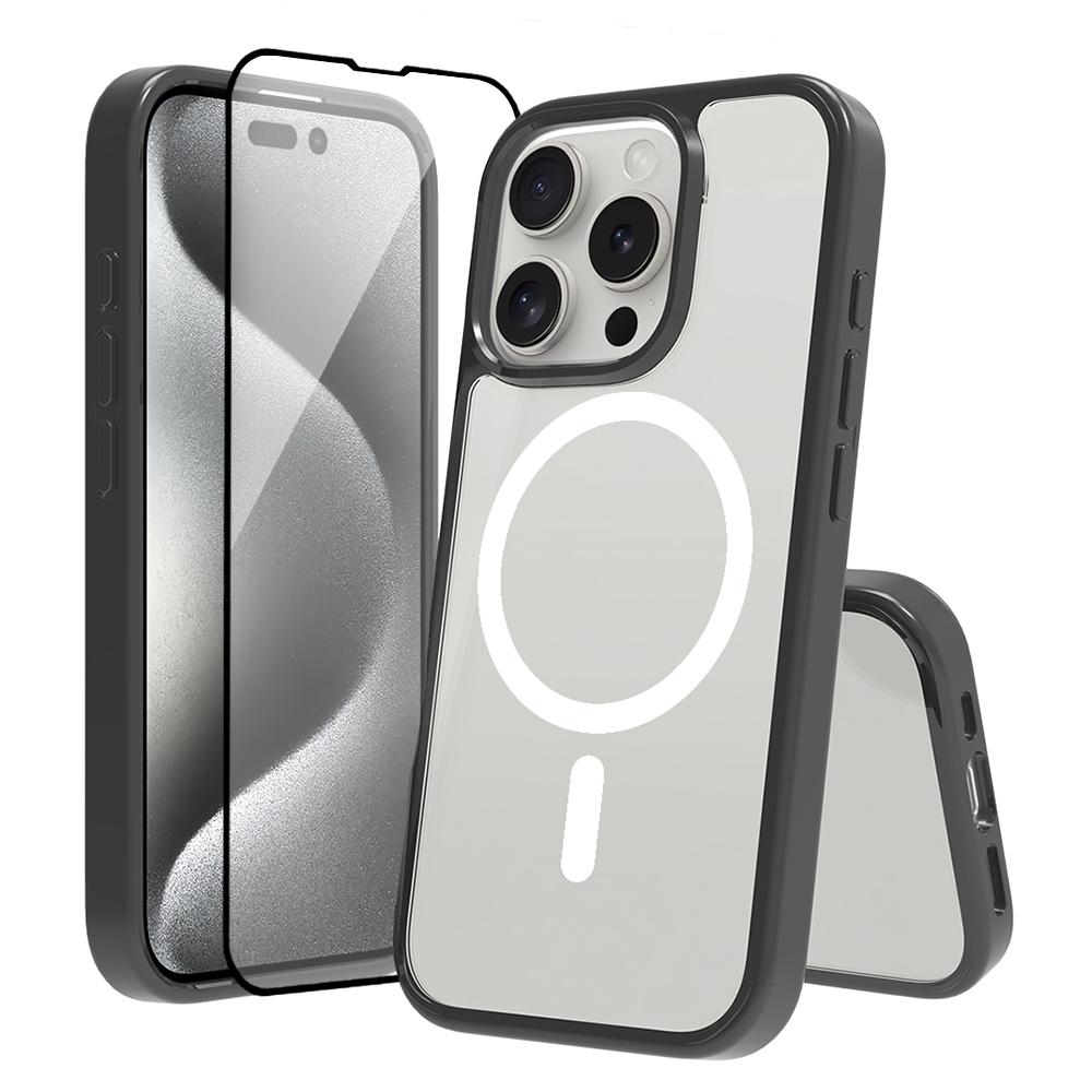 For iPhone 16 Pro Case Compati with MagSafe PC+TPU Clear Phone Cover with Tempered Glass Screen Protector