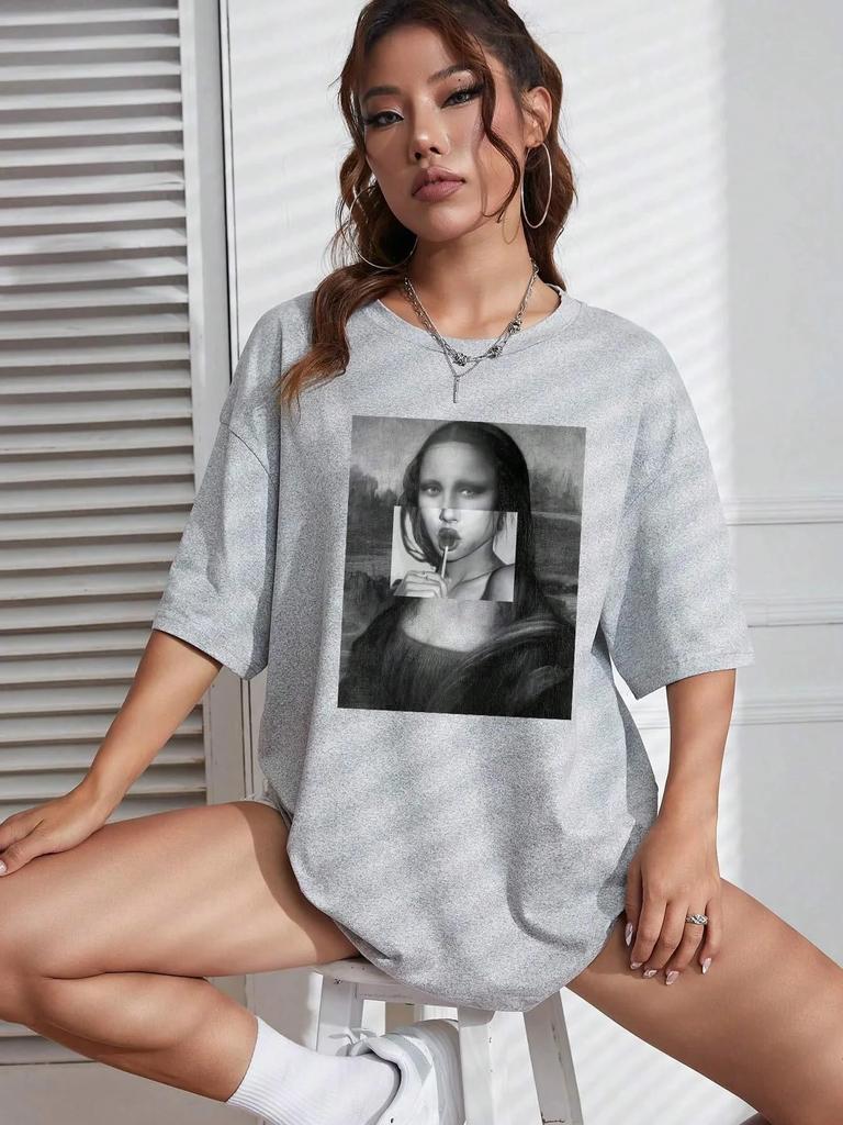 Mona Lisa Drinking Beverages Tricou pentru femei Tricou casual respirabil de vară Topuri moale largi Hip Hop haine de modă supradimensionate