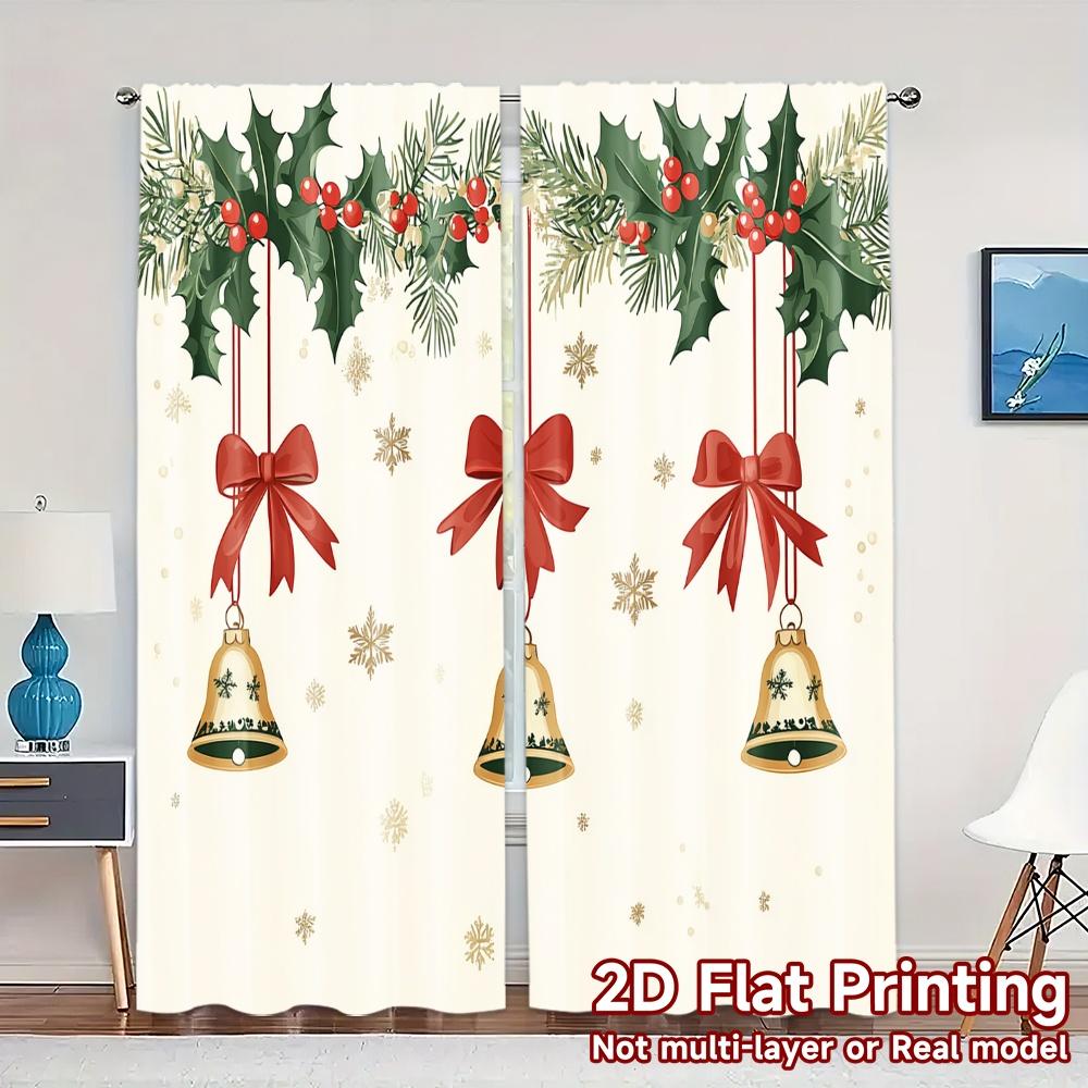 

Curtains Christmas Bells Holly Berries Chic Drapes Semi Decorations Outdoor Ldeal Bedroom Light Filtering Set Of 2 Made Polyester Decor W100*H70(CM)-Hooks&2PCS