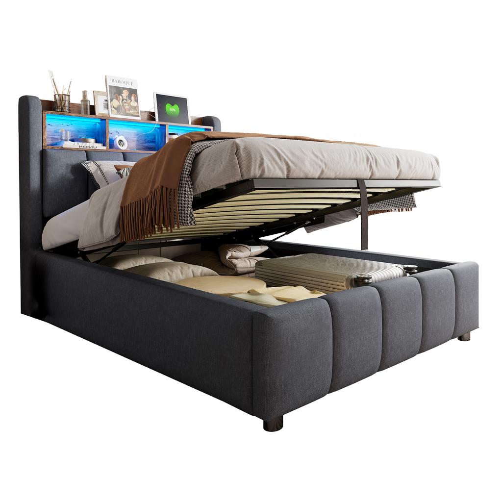 Letto imbottito 90*200cm con illuminazione LED e porta USB, testiera con ripiani, con contenitore idraulico, letto singolo per bambini, grigio lino