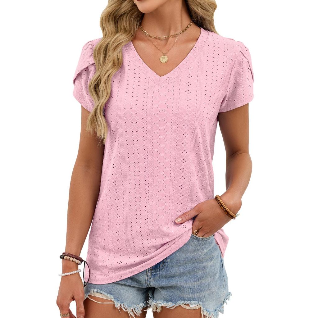 Summer Solid Color V-neck Tile Sleeve Loose Short Sleeve T-shirt Women's Tops Leisure Europe USA