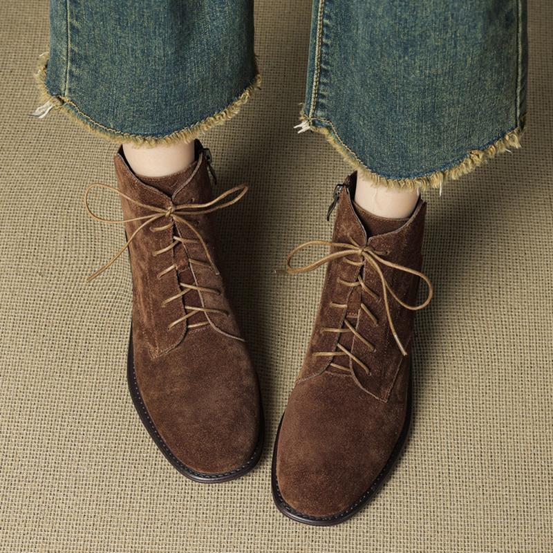 Fashion NEW Autumn Women Boots Cow Suede Leather Shoes for Women Round Toe Chunky Heel Shoes Casual Lace-up Zip Short Boots Daily Shoes
