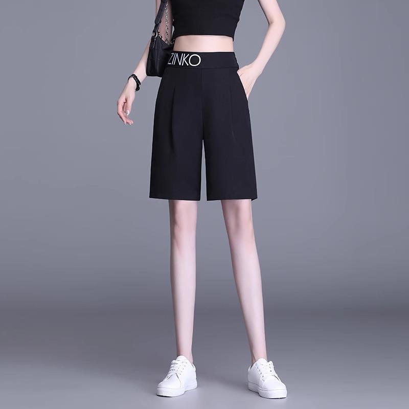 

Женские осенние повседневные шорты-костюм с высокой талией, 2024, большой размер, прямые широкие штанины, средней длины. 3XL чёрный