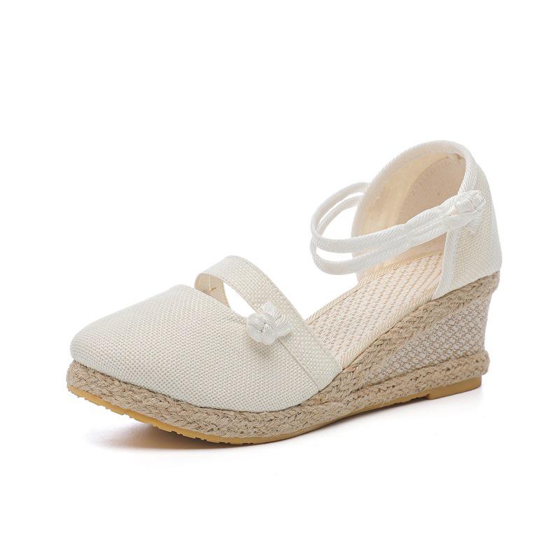 2025 New Korean Style Women's Wedge Heel Sandals: Comfortable Pointed Toe Buckle Linen Casual Sandals