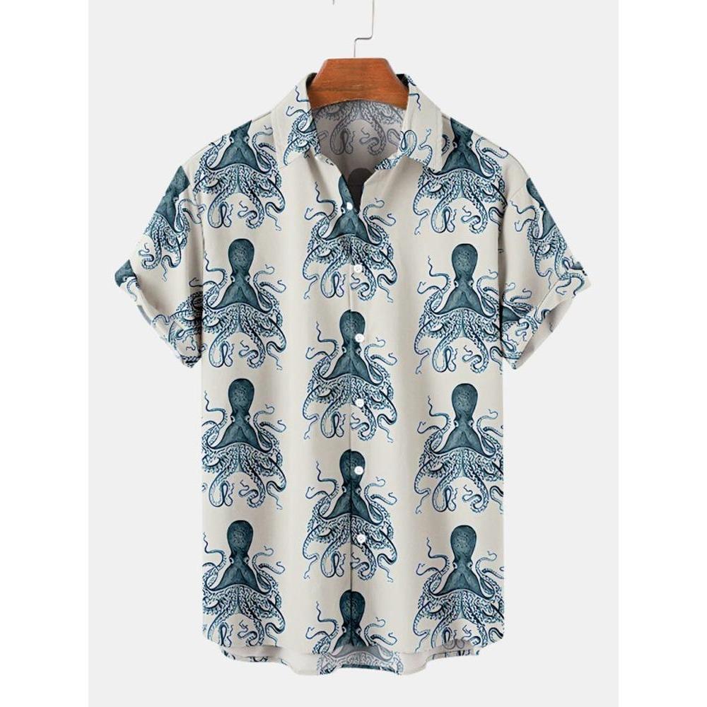 Octopus Print Men Hawaiian Shirt Summer Beach Short Sleeve