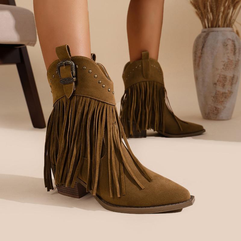 Large size short boots women's autumn new rivet western thick heel fringed boots pointed short boots