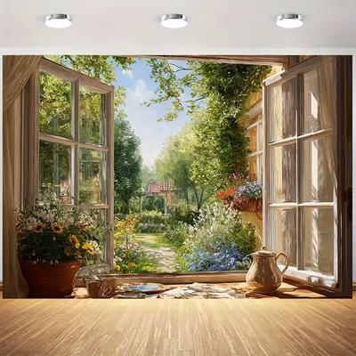 2D Vintage Cottage Backdrop Summer Garden Window Background for Events