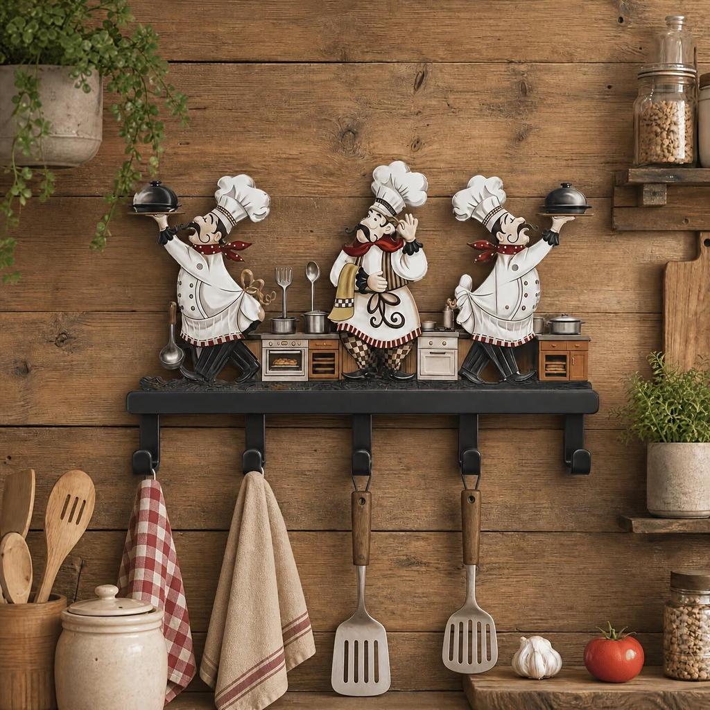 Suporte de Parede de Metal Vintage para Cozinha com 5 Ganchos Estilo Fazenda para Utensílios, Toalhas, Aventais, Suportes de Panela Organizador Decorativo de Armazenamento
