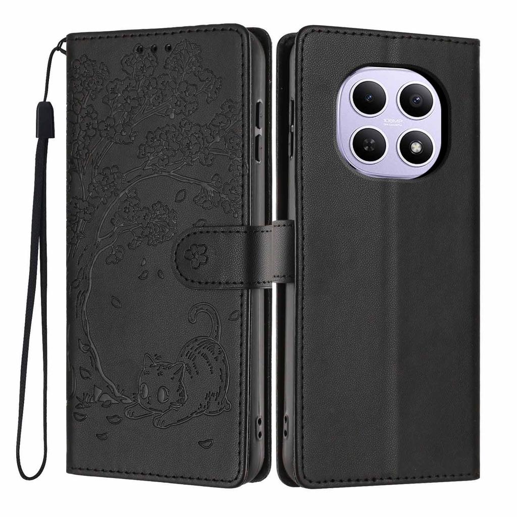 For Xiaomi Poco M8 5G/Redmi Note 15 5G (Global) Stand Case Tree-and-Cat Pattern PU Leather Wallet Protective Phone Cover with Wrist Strap