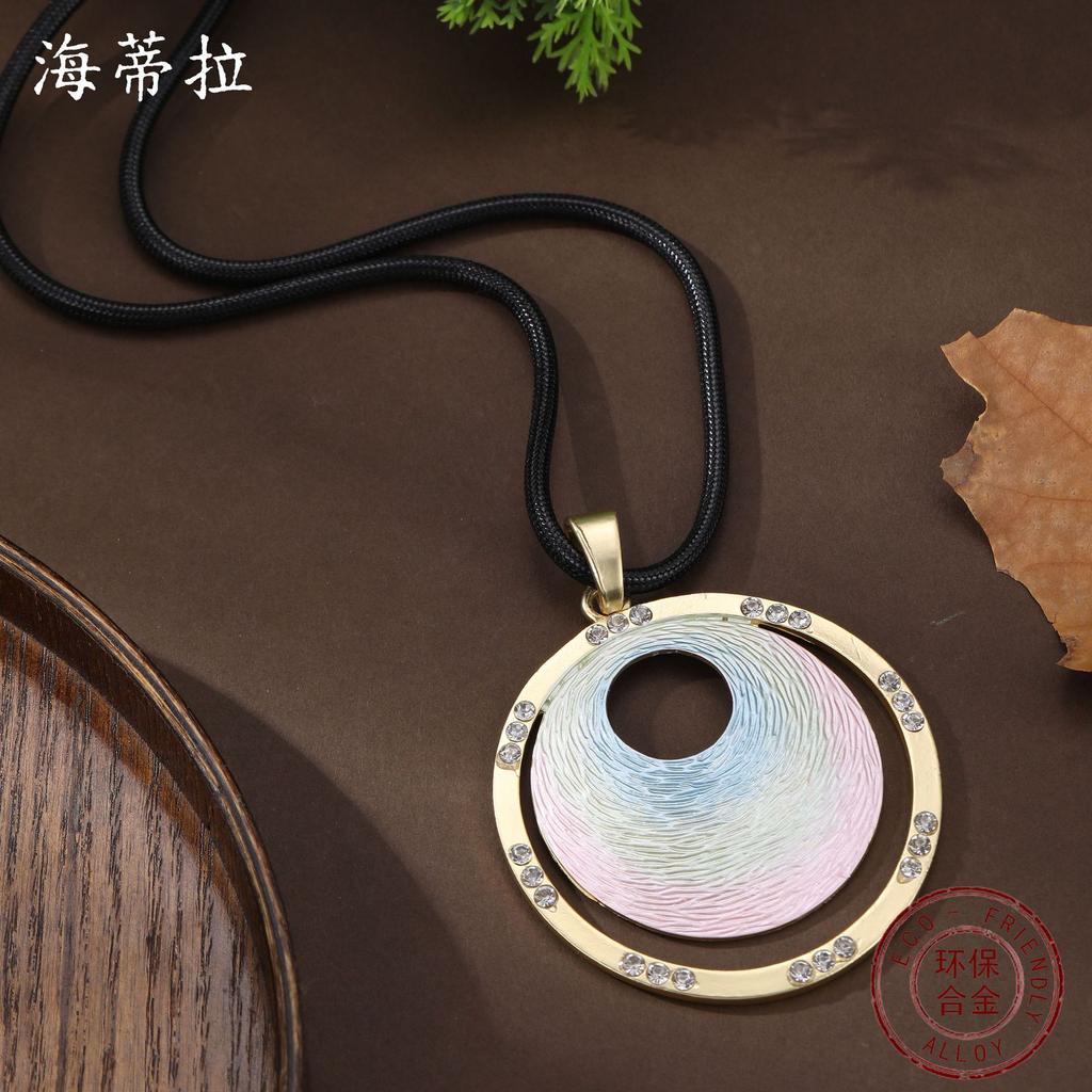 New Gradual Change Enamel Round Cake Leather Rope Long Pendant Women's Simple Fashion High Sense Ring Long Necklace