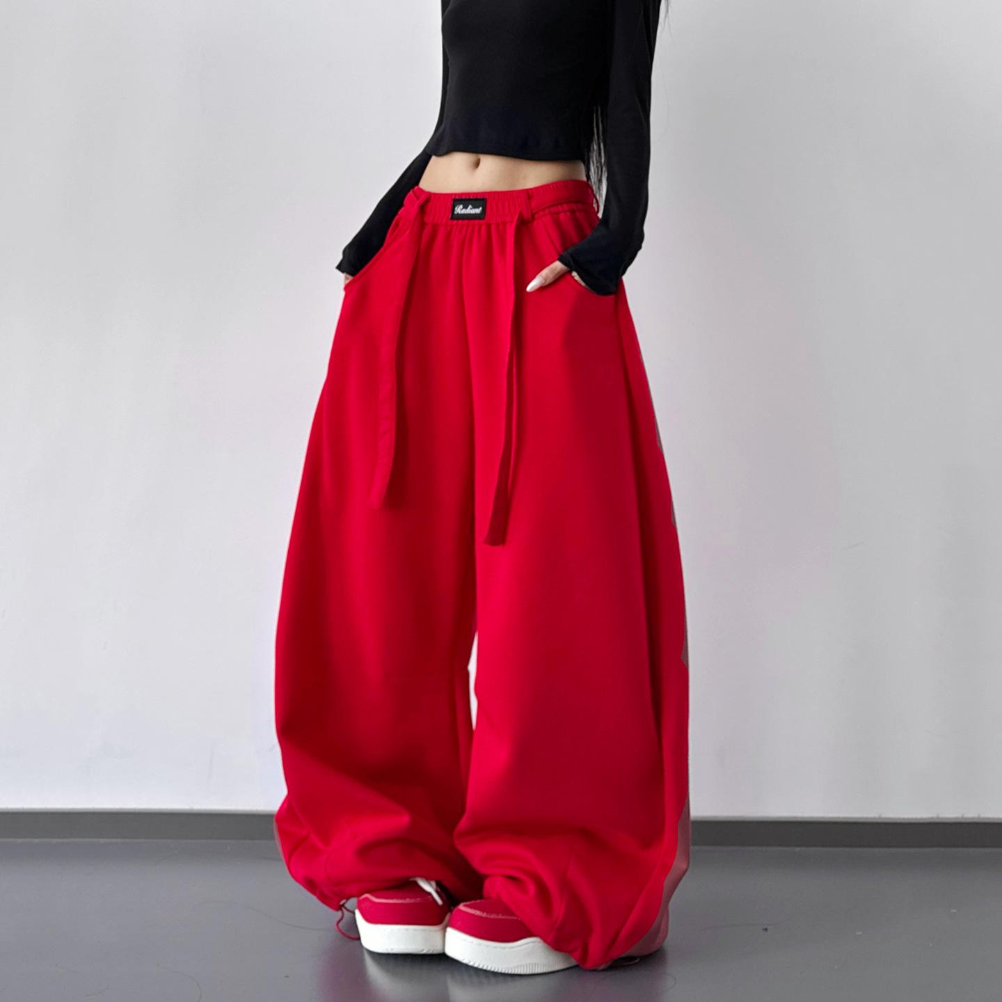 

Korean 2025 High Waist Drawstring Straight-Leg Wide Casual Sweatpants for Women M ярко-красный