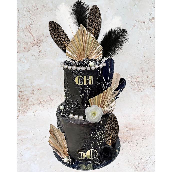 JeVenis Feather Cake Decoration Set - 13 Pieces - Black, White & Gold - Gatsby, 1920s, Formal Event