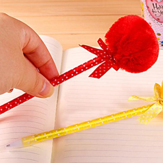 Cute Plush Faux Fur Pom Pom Bowknot Polka Dot Ballpoint Pen Student Stationery