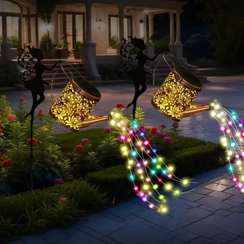Outdoor Solar Watering Can Lights, Waterfall LED String Fairy Lights, Garden Kettle Projection Decorative Lights