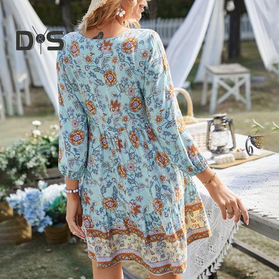 Damen-Boho-Kleid mit Blumenmuster, lässig, langärmelig, fließend, kurzes Kleid, lockerer V-Ausschnitt, Knopfleiste, A-Linien-Kleid, Mini-Strand-Sommerkleid
