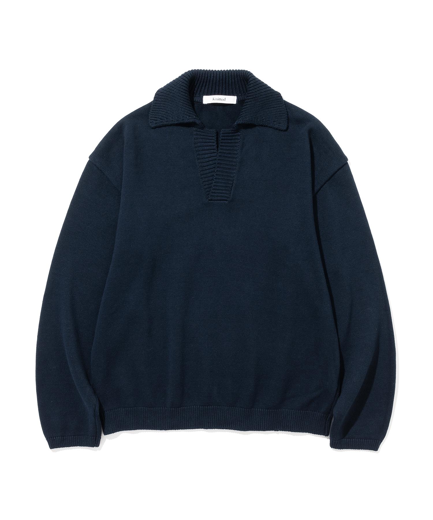 Nitied Open Collar Ribbed Collar Knit Navy L