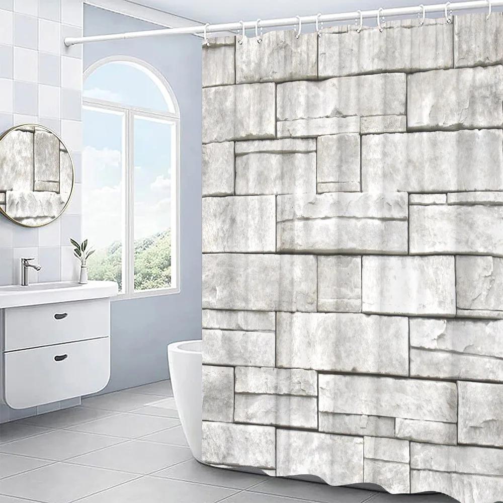 3D Stone Wall Shower Curtain Vintage Old Bathroom Curtain Rustic Rural Bathroom Decor with Hooks Polyester Fabric Washable Cloth