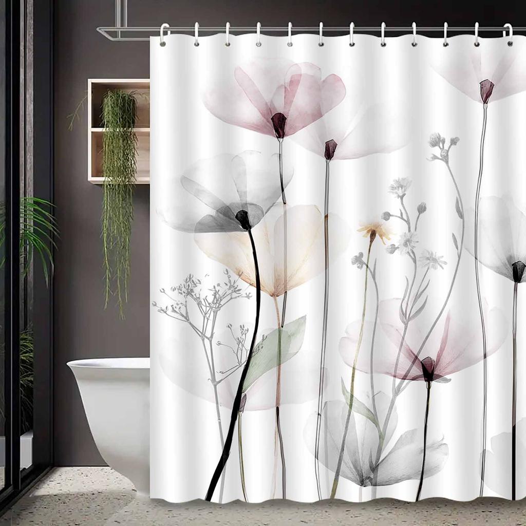 Elegant Watercolor Floral Shower Curtain with Soft Pastel Flowers and Delicate Stems for a Serene, Nature-Inspired Bathroom
