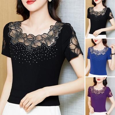 Summer Women's Short Sleeved T-Shirt Slim Hollow Out Mesh O-Neck Tops Lightweight Casual Blouse for Work
