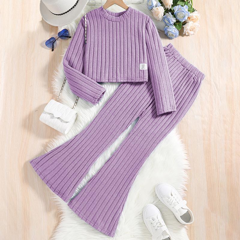 Completo Casual da Ragazza Primavera Moda Bambini Top a Maniche Lunghe Pantaloni a Zampa d'Elefante Maglia Completo Due Pezzi