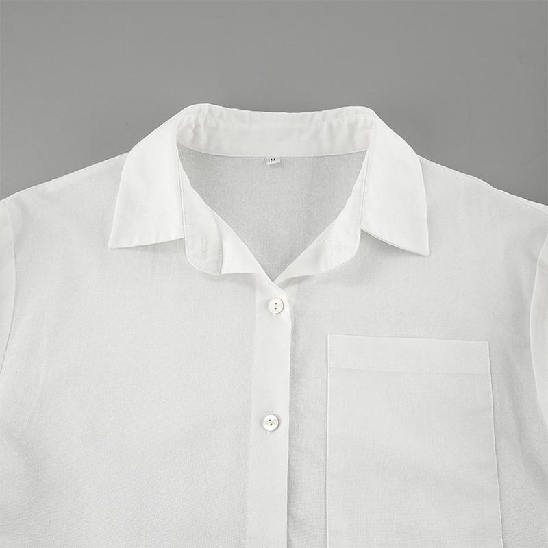 Bílá bavlněná šněrovací košile stahující pas Jednoduchá móda Dámské halenky Polo límeček Jednořadé Dlouhý rukáv Top Dojíždění HarajukuStyl Jaro Léto