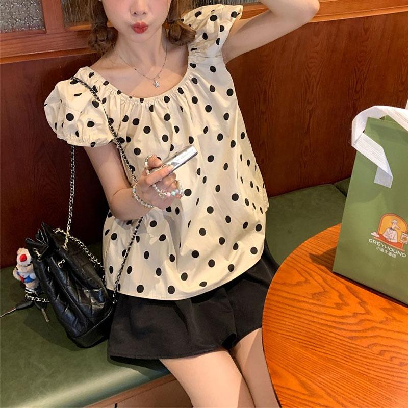 French Sweet Polka Dot Blouse Summer Fashionable Puff Sleeve Women's Casual Loose Round Folds Basic Shirts