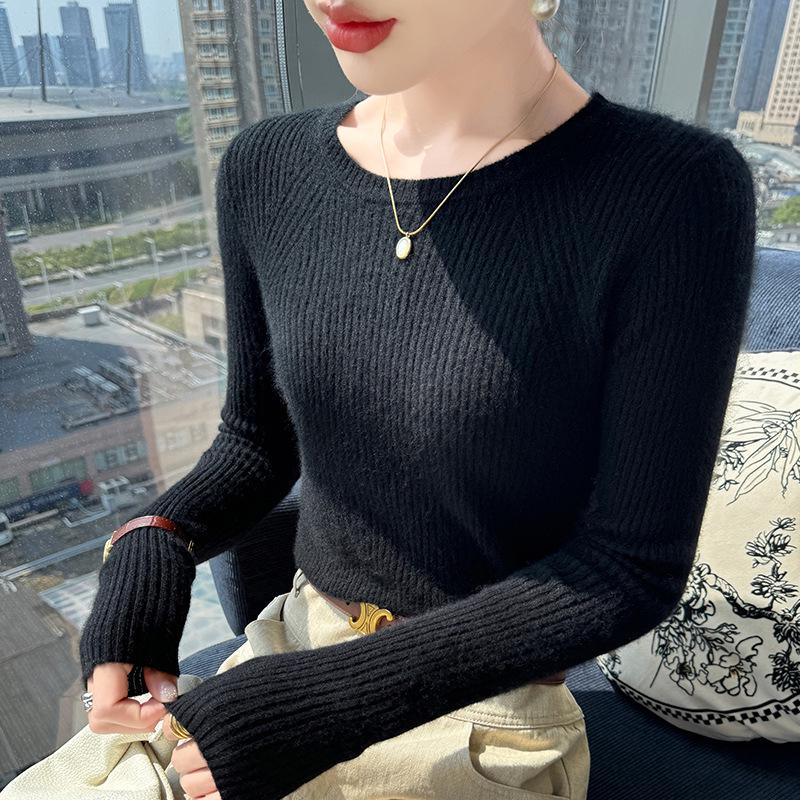Women's Slim Fit Ribbed Wool Sweater - Round Neck, Versatile Autumn/Winter Base Layer