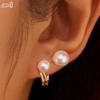 Effie Queen Genuine 925 Silver 14k Gold Geometric Shell Pearl Stud Earrings Simple Jewelry for Women Banquet Party Gift PSE05