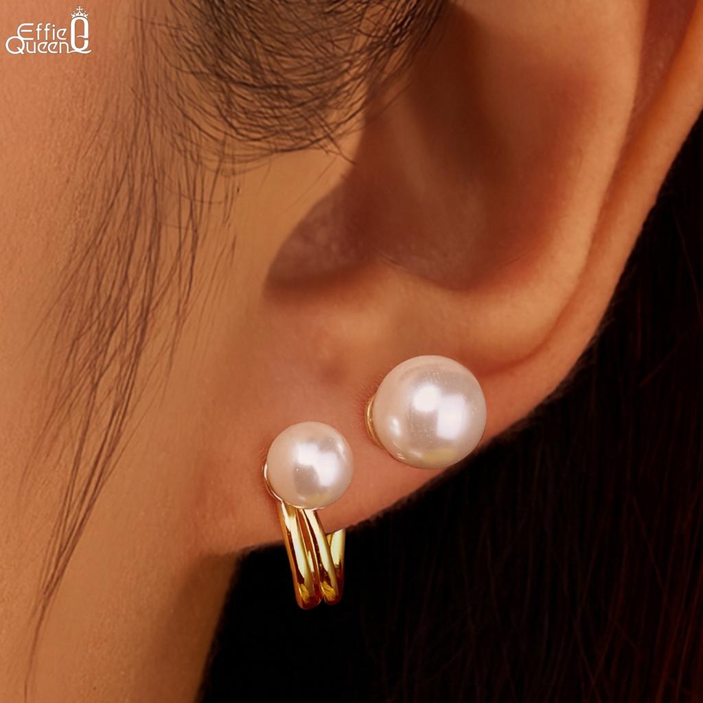 Effie Queen Genuine 925 Silver 14k Gold Geometric Shell Pearl Stud Earrings Simple Jewelry for Women Banquet Party Gift PSE05