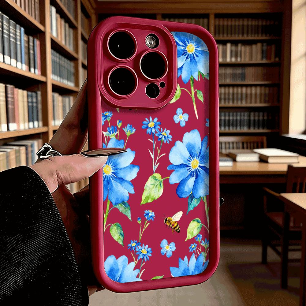 Blue Flowers Bees Pattern Shockproof Soft Phone Case For Xiaomi Redmi Note 15 14 13 12 11 10 9 8 Pro Anti-Slip Anti-Fall Cover