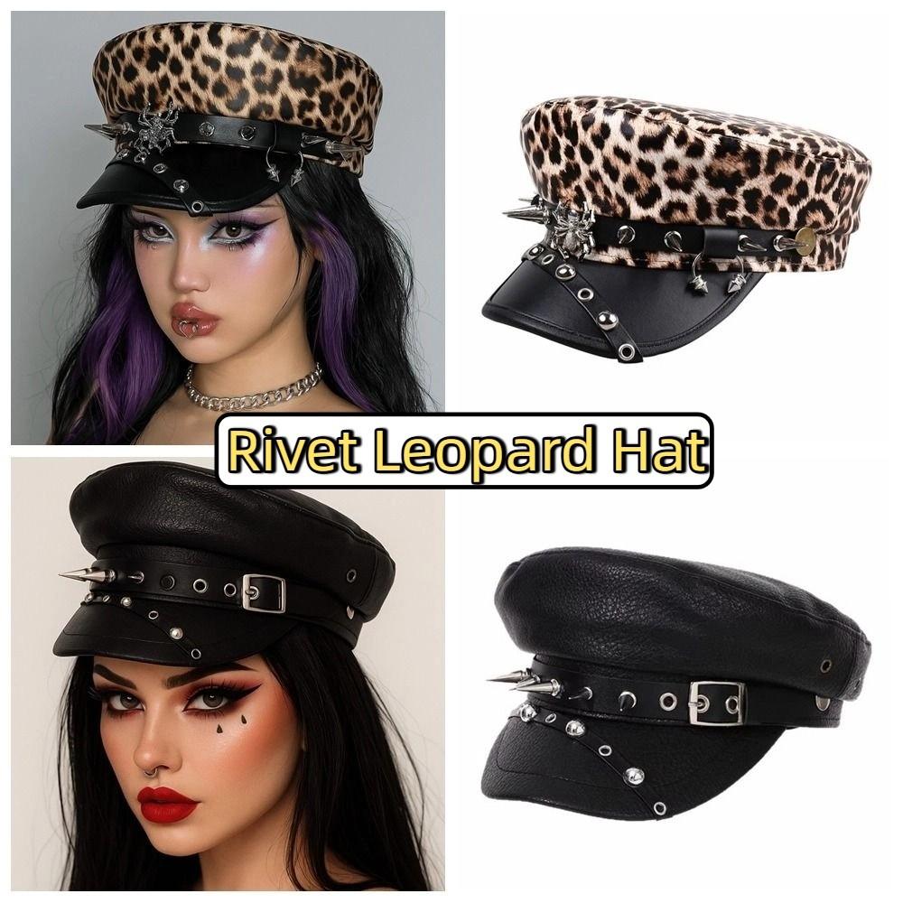 Hip-hop Y2k Beret Hat Harajuku Flat Top Cap Fashion Rivet Leopard Hat for Women