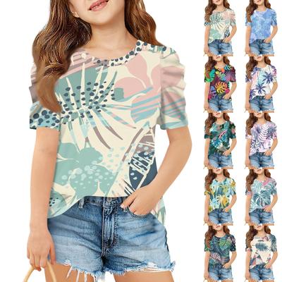 Top de Verão de Manga Curta para Meninas, Camiseta Casual Havaiana de Gola Redonda Infantil