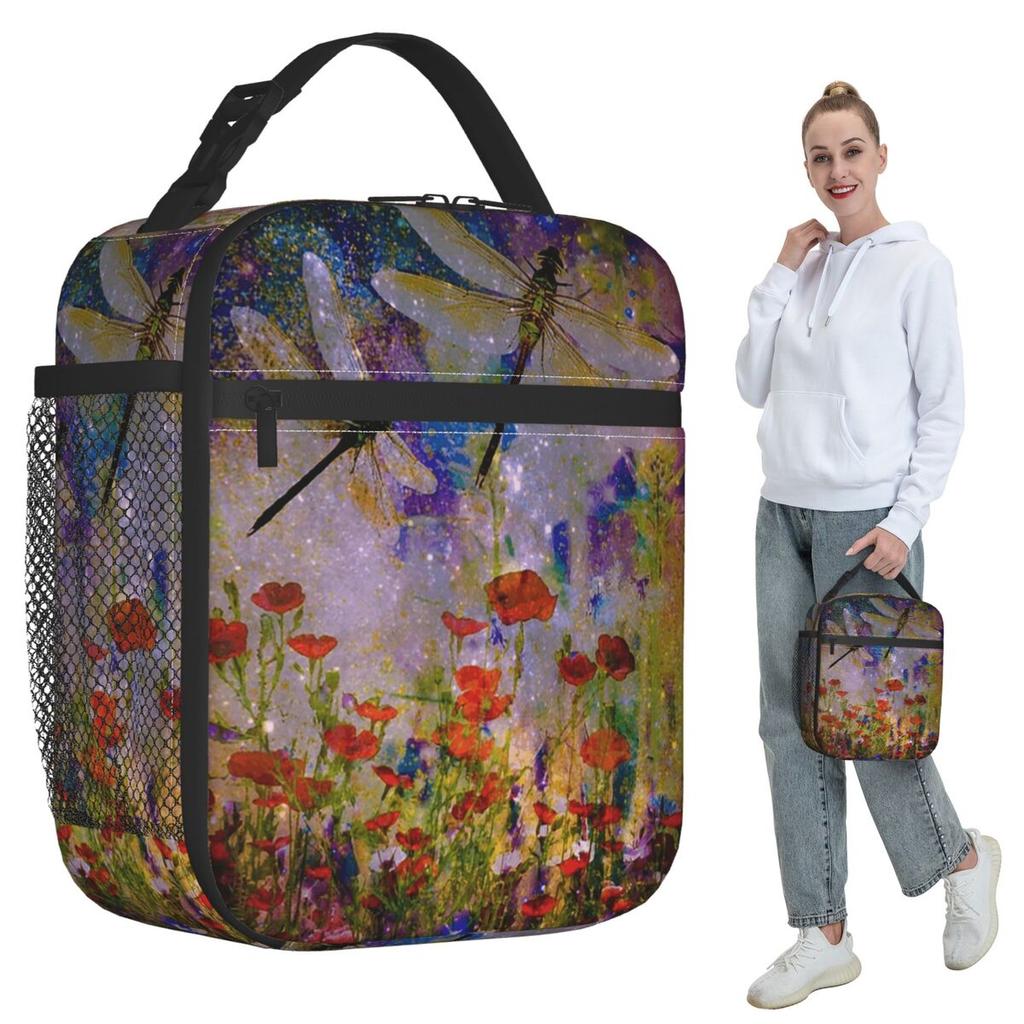 Dragonfly And Flower Painting Insulated Lunch Bag for Women Office Cooler Thermal Food Box Tote Portable Lunch Boxes Container