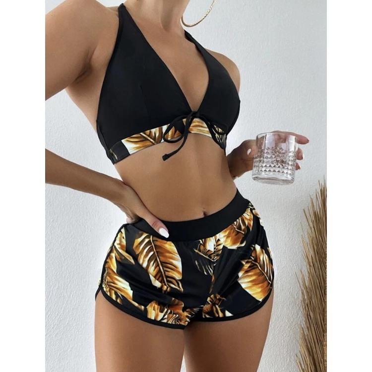 Women 2025 New Bikinis 6 Colors Sexy Halter Bikini 3 Piece Set Leafs Print High Waisted Swimsuit Beach Bathing Suit Size S-XXL