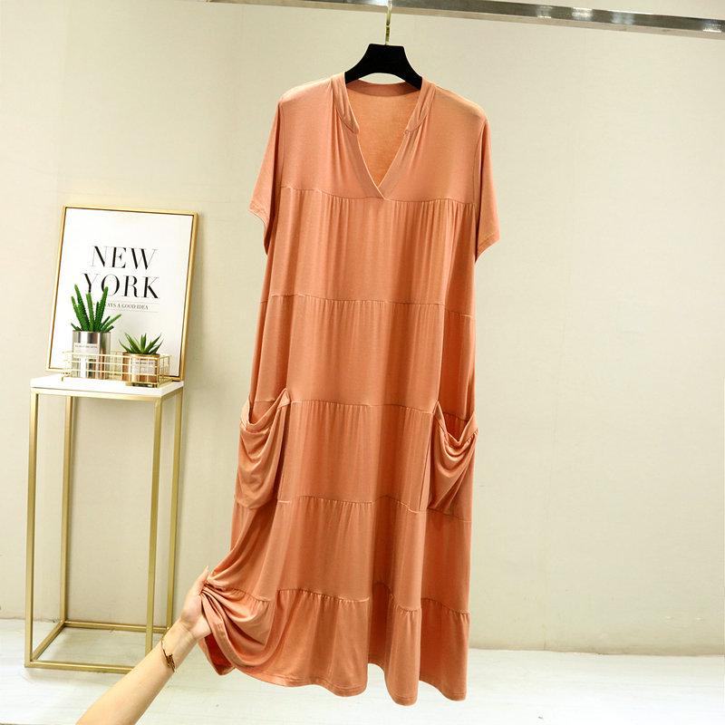 

Женская ночная сорочка-платье из модала свободного кроя в корейском стиле с карманами - Большой размер, с короткими рукавами, воротник-стойка Extra Large