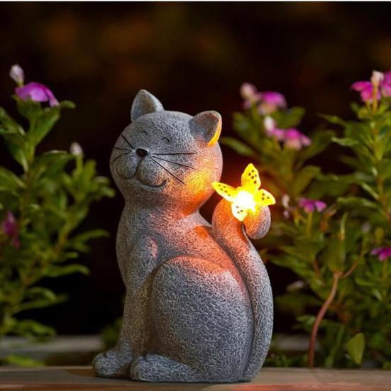 Cat Statue Solar Light Waterproof Garden Kitten Sculpture Lighted Kitten Statue Outdoor Landscape Lighting for Patio Yard Decoration