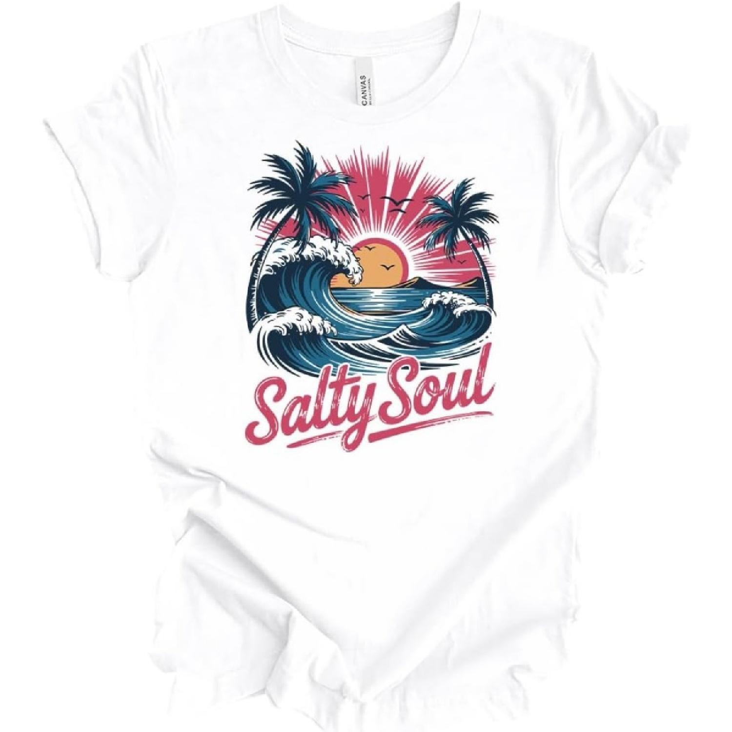 Trenz Shirt Company Women s Distressed Salty Soul Beach Scene Short Sleeve Tshirt - Cute Stylish Womens Summer Tops S