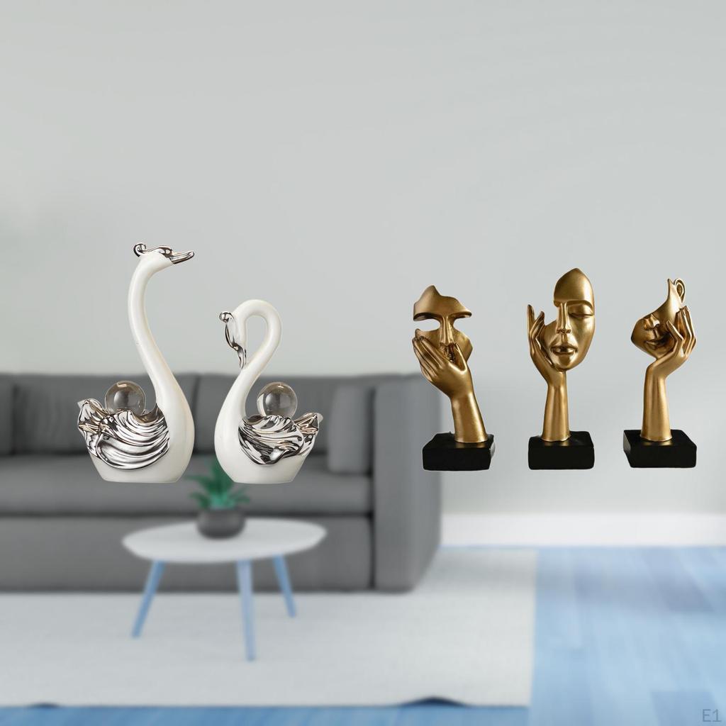 Porcelain Swan Figurine Collection And Resin Thinker Statues Abstract Art Sculptures for Living Room