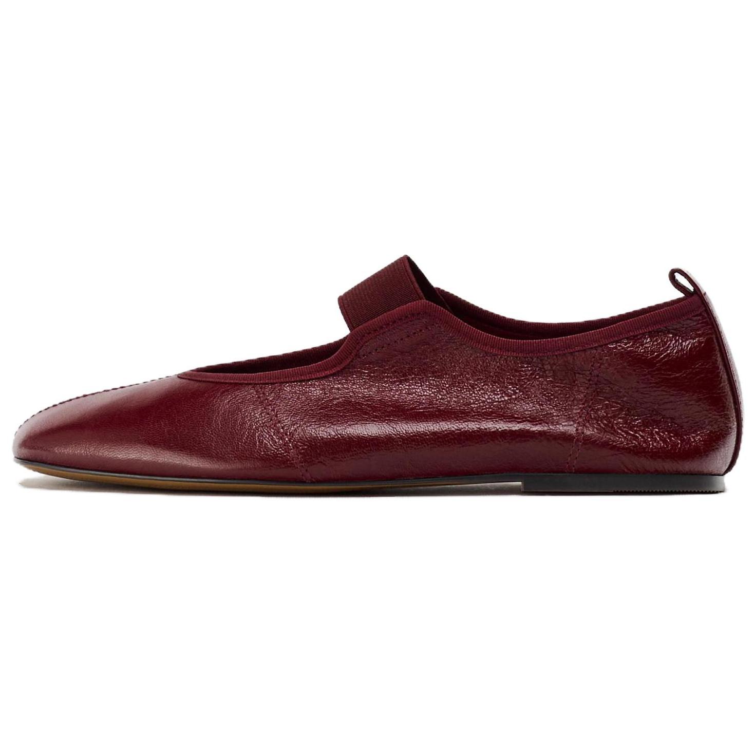 Zara Leather Mary Jane Flats Burgundy Women 12541510022 36