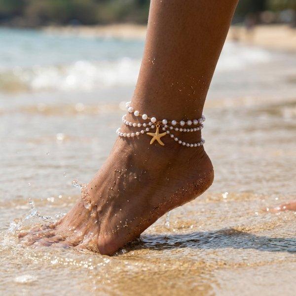 Starfish Shell Conch Imitation Pearl Anklet Bohemian Beach Vacation Style Fashion Accessory Holiday Gift