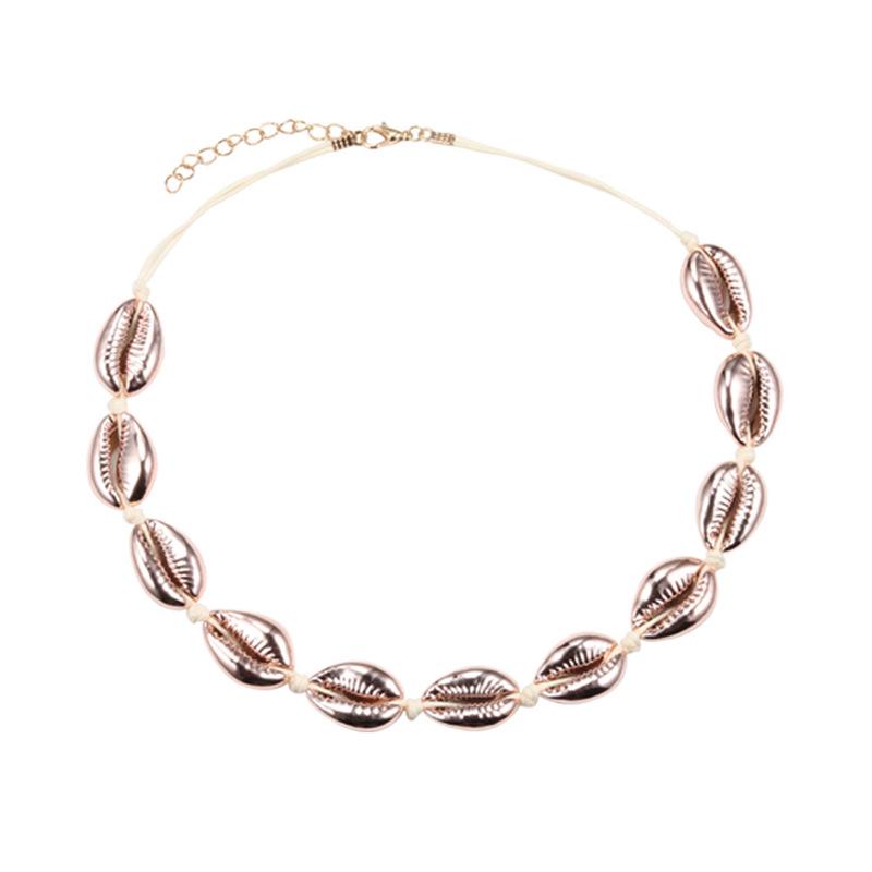 Bohemian White Shell Necklace with Rose Gold Clavicle Chain - Handmade Woven Jewelry with Lobster Clasp.