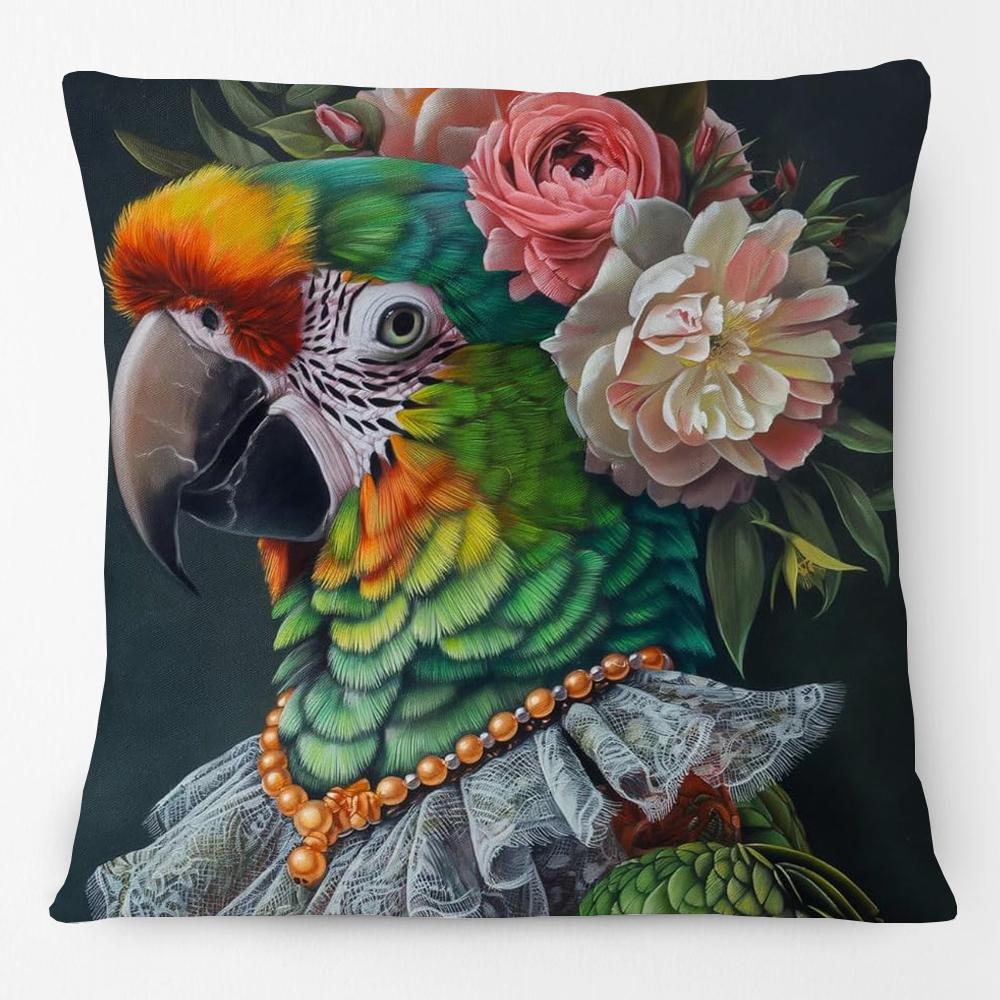 Vintage Bird Linocut Macaw Parrot Painting Cushion Covers Flower Garland Pillowcase for Sofa