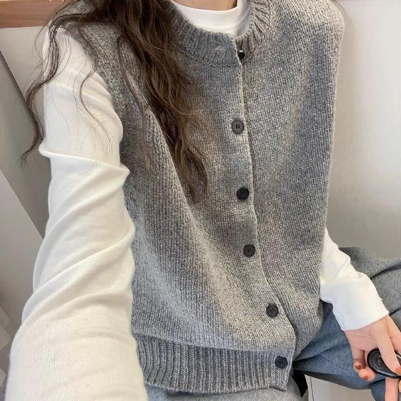 Dámská pletená vesta bez rukávů s kulatým výstřihem a jednořadým zapínáním, jarní podzimní, korejský styl, elegantní šedá vesta svrchní oděv