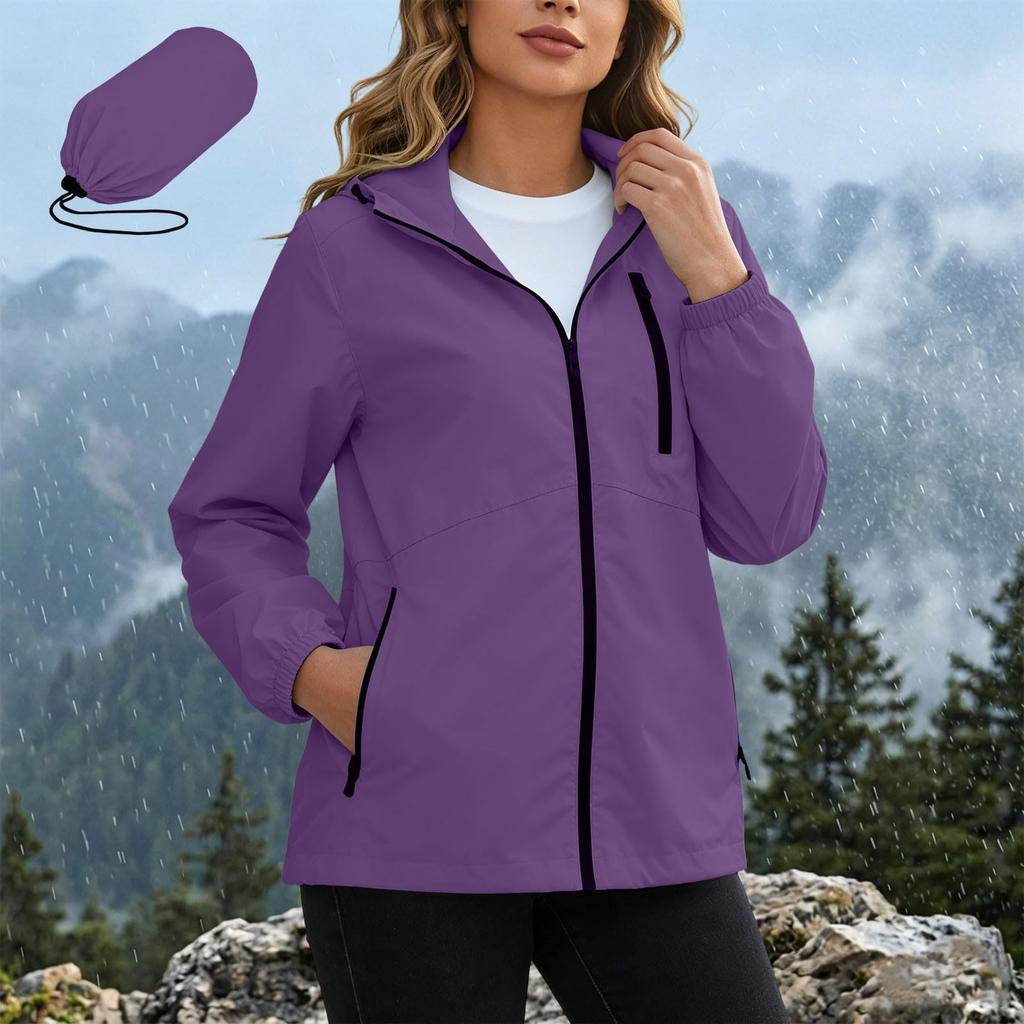Women's Waterproof Windbreaker Jacket Hooded Outdoor Lightweight Zip Up Windproof Coat with Pockets for Hiking Camping